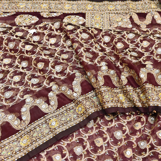 Indian Vintage Sari Maroon Tissue Hand Embroidered Sarees Craft Fabric 6Yd Sewing Soft Ethnic Zardozi/Zari Dress making Crafting