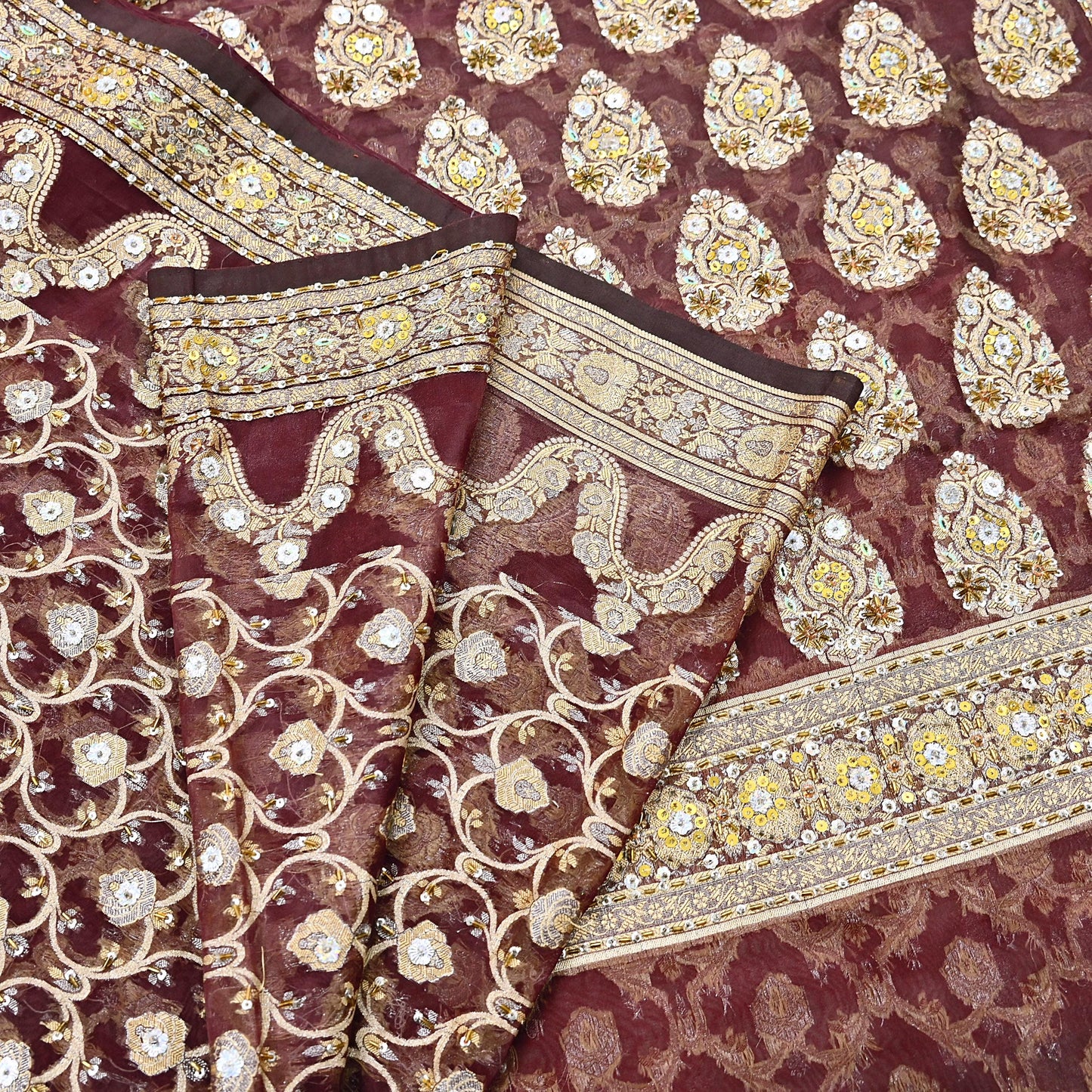 Indian Vintage Sari Maroon Tissue Hand Embroidered Sarees Craft Fabric 6Yd Sewing Soft Ethnic Zardozi/Zari Dress making Crafting