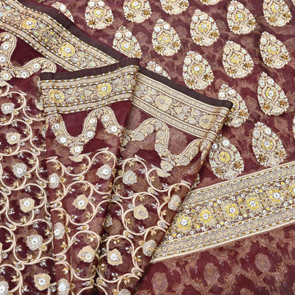 Indian Vintage Sari Maroon Tissue Hand Embroidered Sarees Craft Fabric 6Yd Sewing Soft Ethnic Zardozi/Zari Dress making Crafting