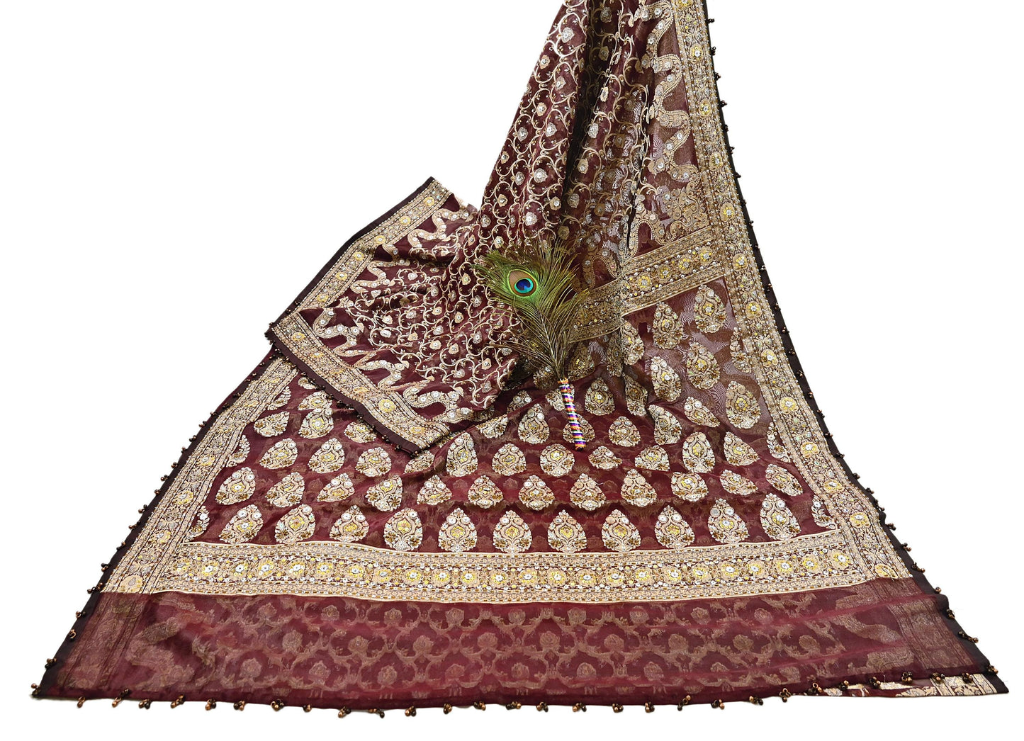 Indian Vintage Sari Maroon Tissue Hand Embroidered Sarees Craft Fabric 6Yd Sewing Soft Ethnic Zardozi/Zari Dress making Crafting