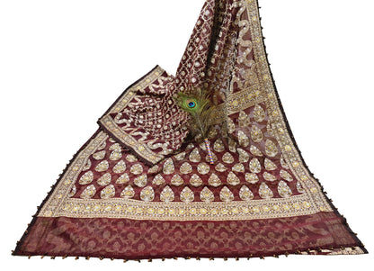 Indian Vintage Sari Maroon Tissue Hand Embroidered Sarees Craft Fabric 6Yd Sewing Soft Ethnic Zardozi/Zari Dress making Crafting