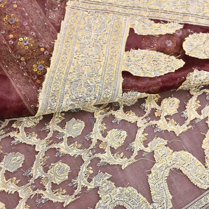 Indian Vintage Sari Maroon Tissue Hand Embroidered Sarees Craft Fabric 6Yd Sewing Soft Ethnic Zardozi/Zari Dress making Crafting