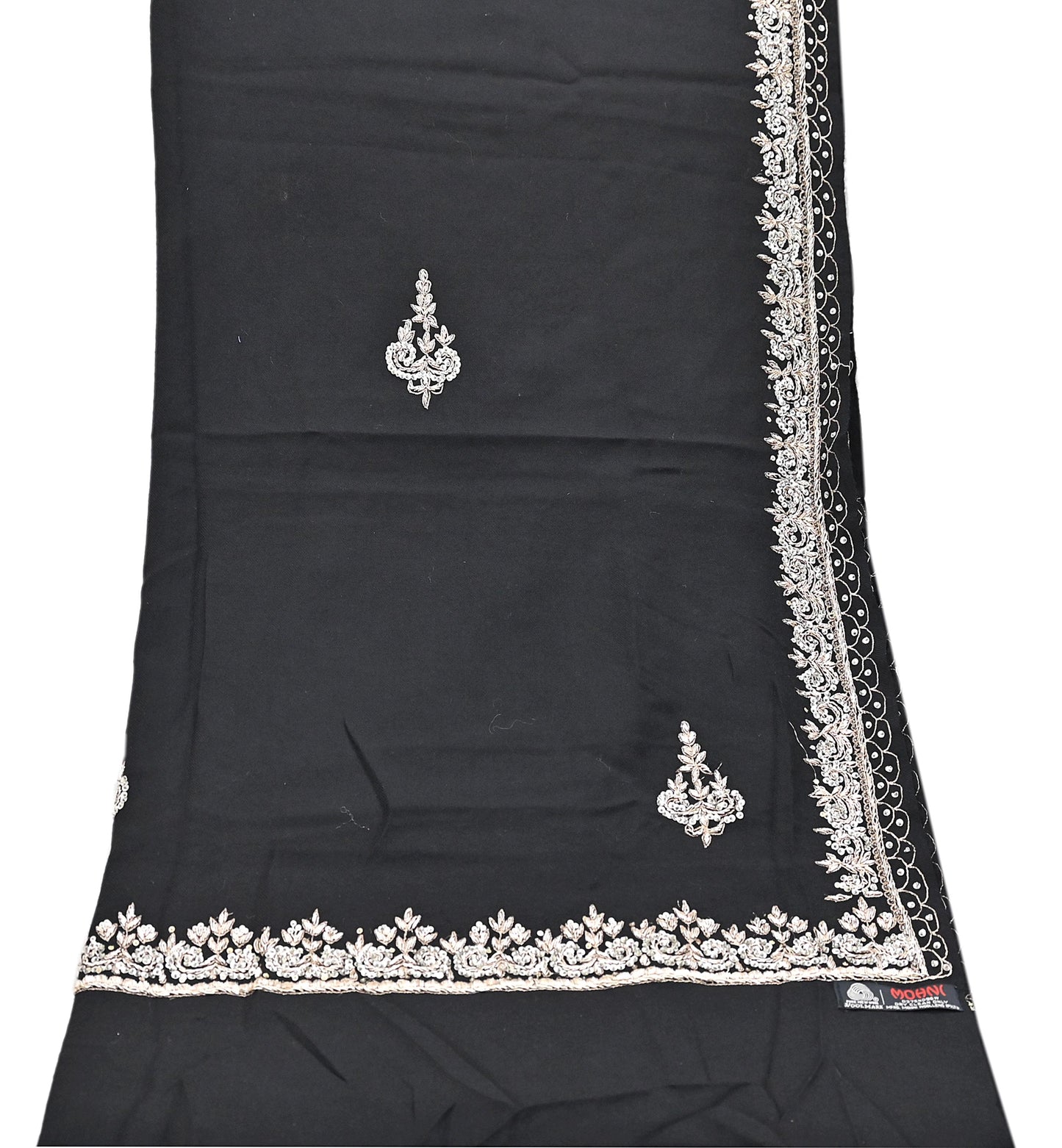 Vintage Shawl Black Pure Woolen Shawl Handmade Embroidered Long Throw Stole Warm Stole Floral Design Zardozi/dabka