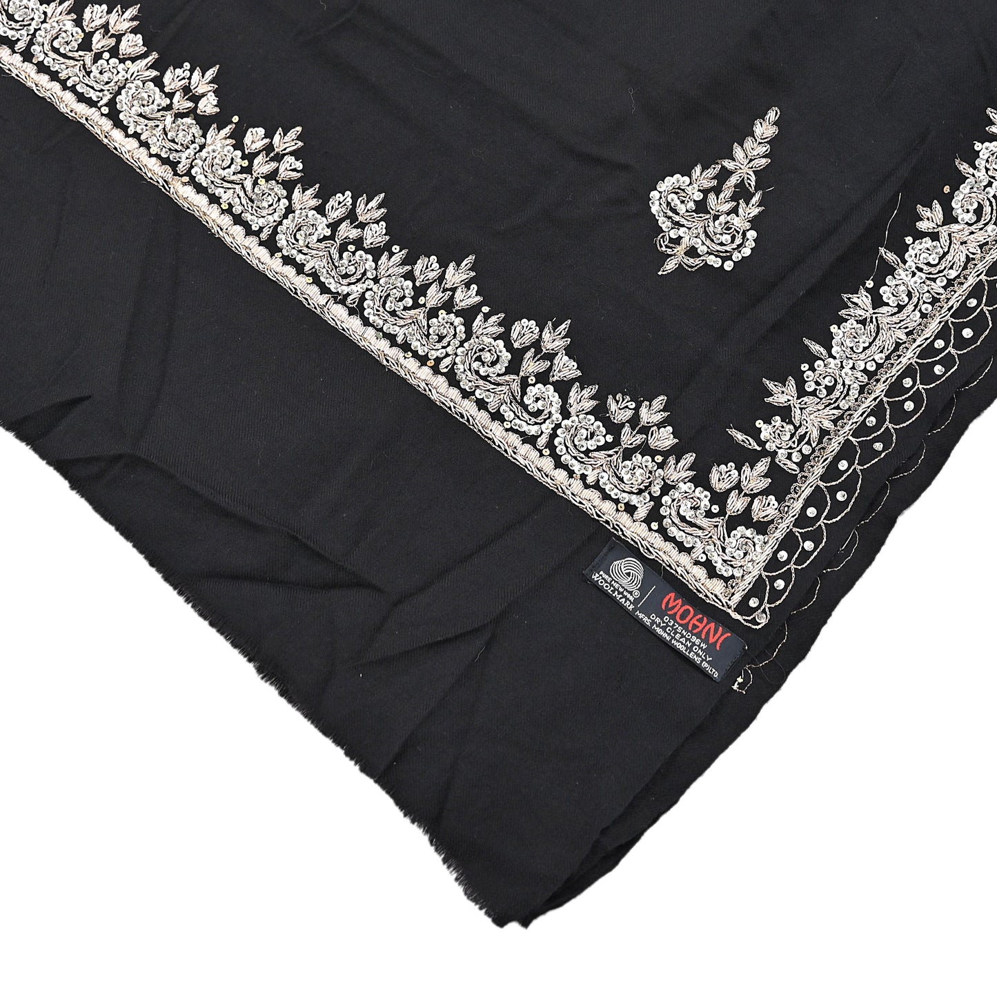 Vintage Shawl Black Pure Woolen Shawl Handmade Embroidered Long Throw Stole Warm Stole Floral Design Zardozi/dabka