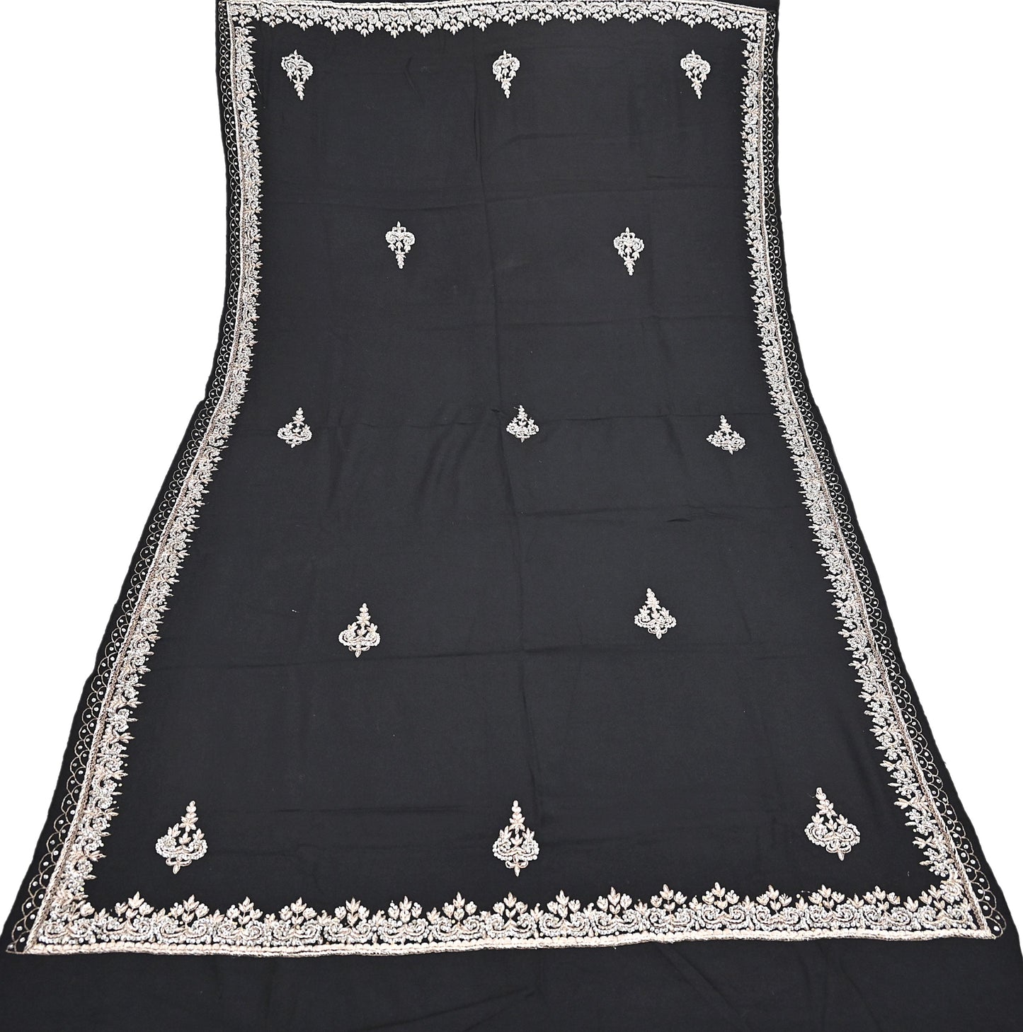 Vintage Shawl Black Pure Woolen Shawl Handmade Embroidered Long Throw Stole Warm Stole Floral Design Zardozi/dabka