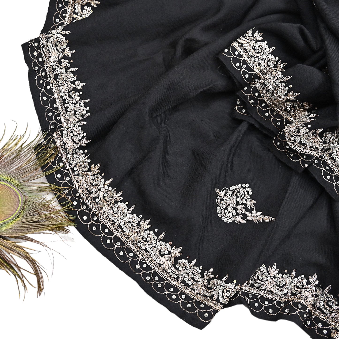 Vintage Shawl Black Pure Woolen Shawl Handmade Embroidered Long Throw Stole Warm Stole Floral Design Zardozi/dabka