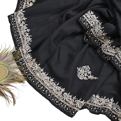 Vintage Shawl Black Pure Woolen Shawl Handmade Embroidered Long Throw Stole Warm Stole Floral Design Zardozi/dabka