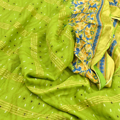 Indian Vintage Green & Beige Sarees Pure Cotton Printed Sari 5yd Sewing Craft Fabric DressMaking Soft Crafting Quilting Upcycle