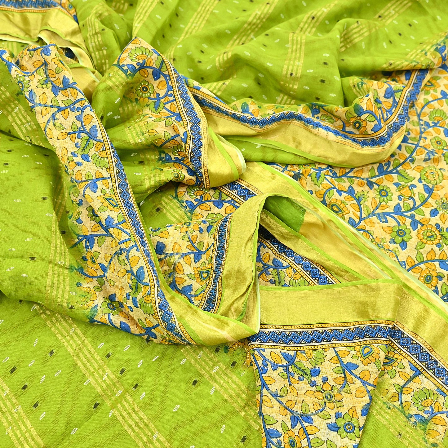 Indian Vintage Green & Beige Sarees Pure Cotton Printed Sari 5yd Sewing Craft Fabric DressMaking Soft Crafting Quilting Upcycle