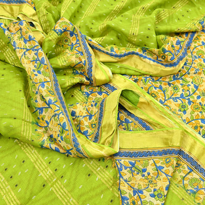 Indian Vintage Green & Beige Sarees Pure Cotton Printed Sari 5yd Sewing Craft Fabric DressMaking Soft Crafting Quilting Upcycle