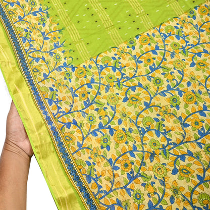 Indian Vintage Green & Beige Sarees Pure Cotton Printed Sari 5yd Sewing Craft Fabric DressMaking Soft Crafting Quilting Upcycle