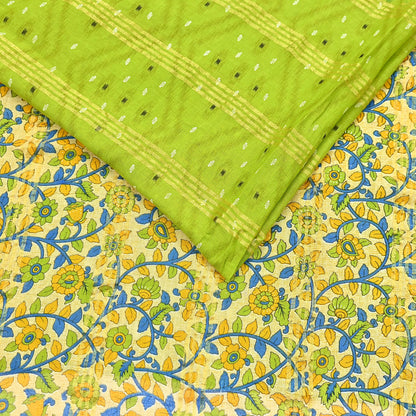 Indian Vintage Green & Beige Sarees Pure Cotton Printed Sari 5yd Sewing Craft Fabric DressMaking Soft Crafting Quilting Upcycle