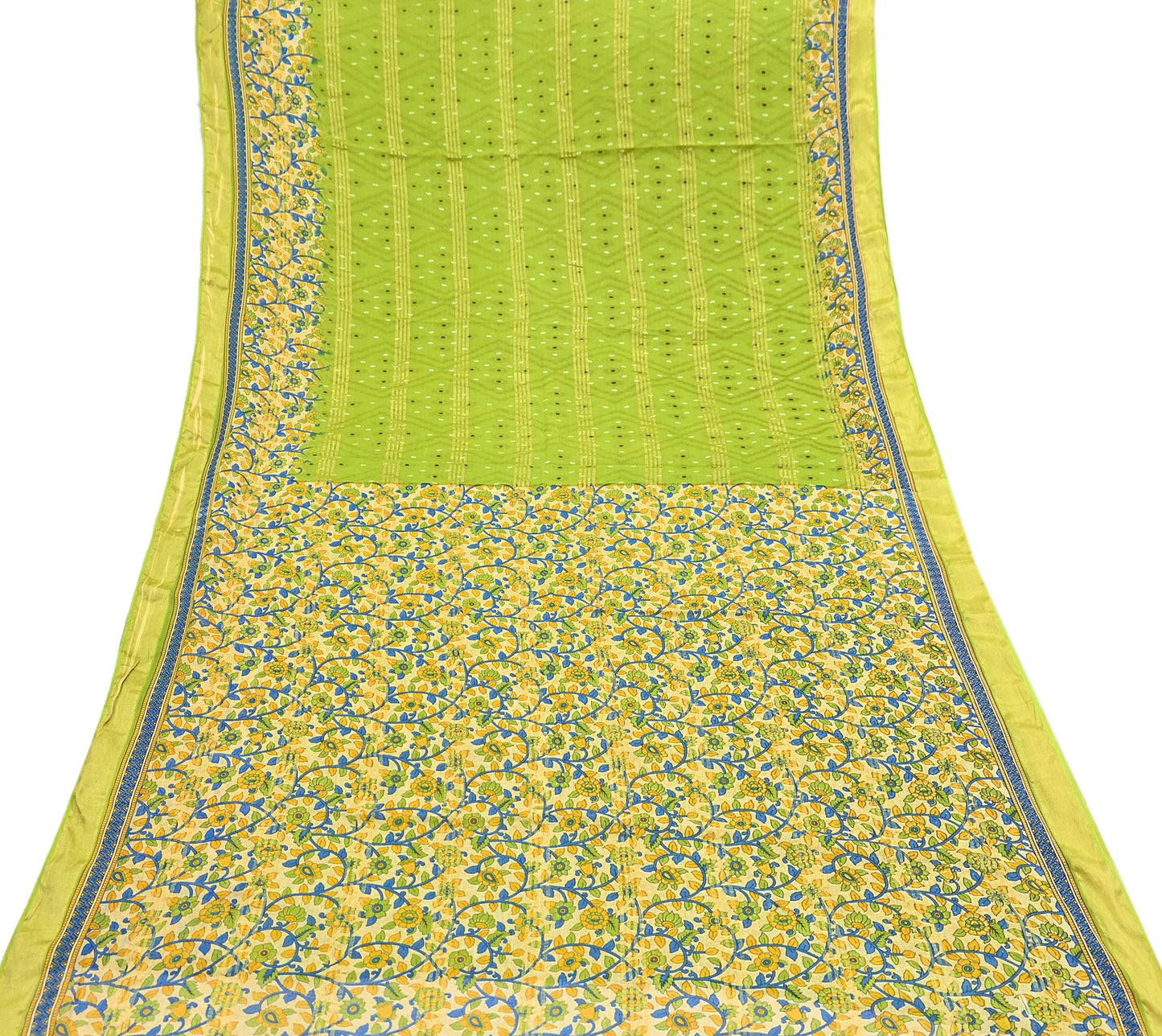 Indian Vintage Green & Beige Sarees Pure Cotton Printed Sari 5yd Sewing Craft Fabric DressMaking Soft Crafting Quilting Upcycle