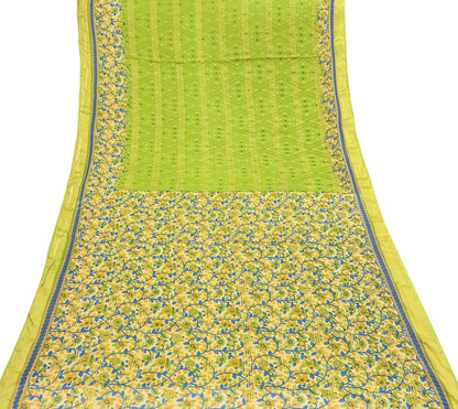 Indian Vintage Green & Beige Sarees Pure Cotton Printed Sari 5yd Sewing Craft Fabric DressMaking Soft Crafting Quilting Upcycle