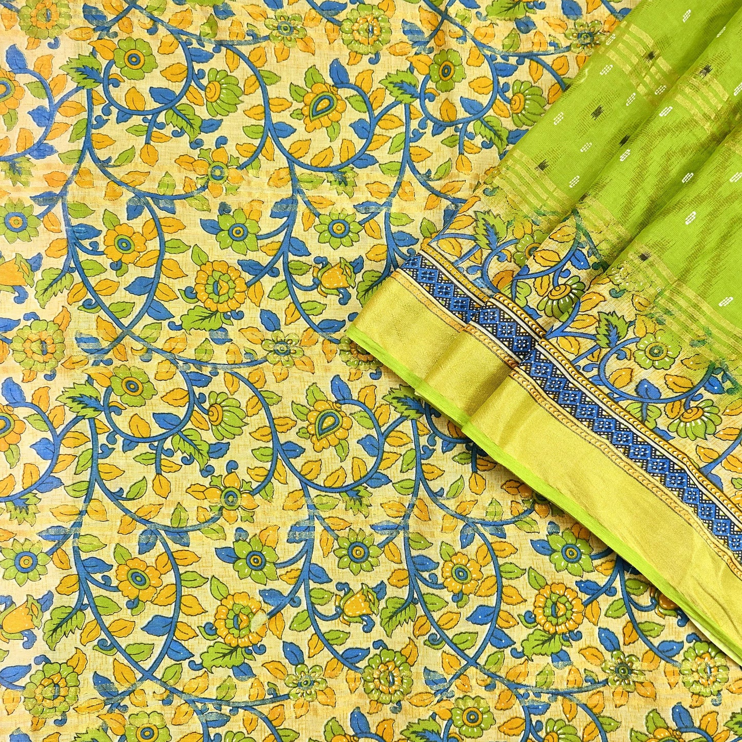 Indian Vintage Green & Beige Sarees Pure Cotton Printed Sari 5yd Sewing Craft Fabric DressMaking Soft Crafting Quilting Upcycle