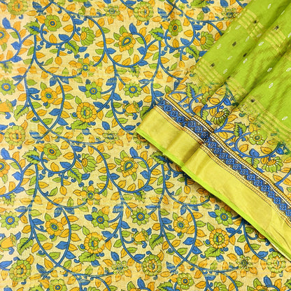 Indian Vintage Green & Beige Sarees Pure Cotton Printed Sari 5yd Sewing Craft Fabric DressMaking Soft Crafting Quilting Upcycle