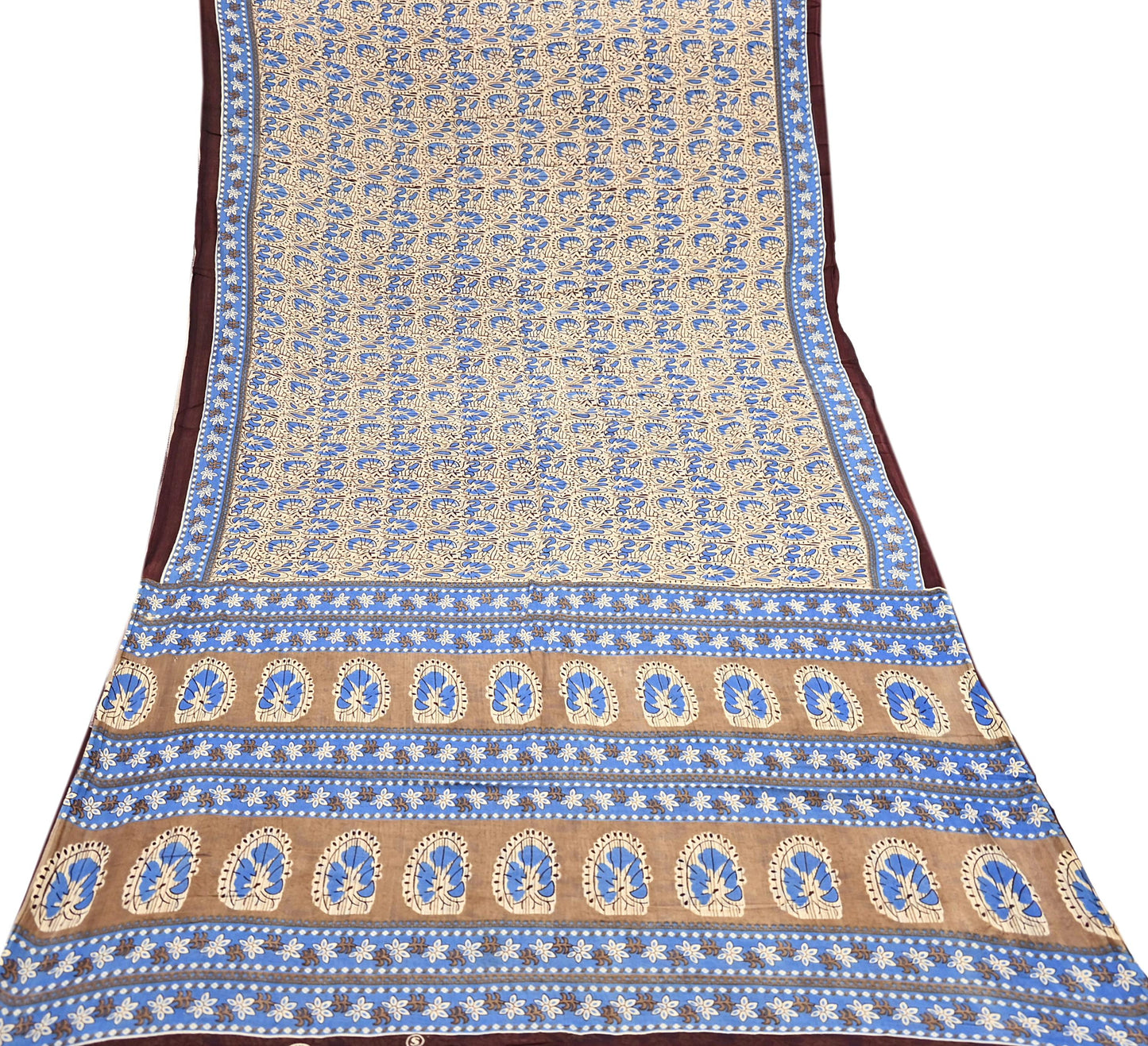 Indian Vintage Sari Beige & Brown Printed 100% Pure Cotton Sarees Craft Fabric 5Yard Sewing Sarong Wrap Boho Dress making Quilting Soft