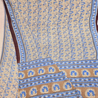 Indian Vintage Sari Beige & Brown Printed 100% Pure Cotton Sarees Craft Fabric 5Yard Sewing Sarong Wrap Boho Dress making Quilting Soft