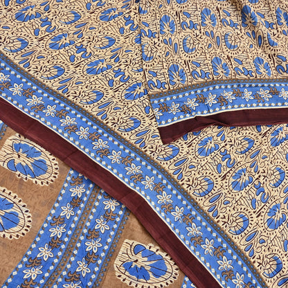 Indian Vintage Sari Beige & Brown Printed 100% Pure Cotton Sarees Craft Fabric 5Yard Sewing Sarong Wrap Boho Dress making Quilting Soft