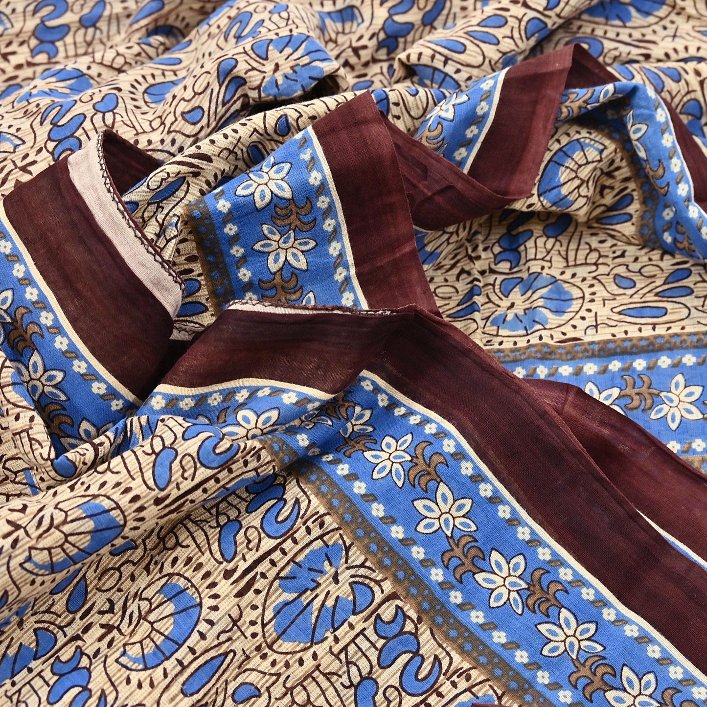 Indian Vintage Sari Beige & Brown Printed 100% Pure Cotton Sarees Craft Fabric 5Yard Sewing Sarong Wrap Boho Dress making Quilting Soft