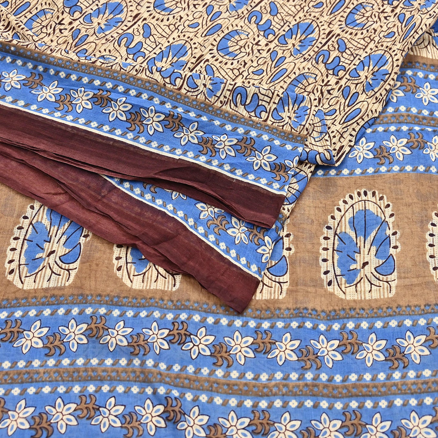 Indian Vintage Sari Beige & Brown Printed 100% Pure Cotton Sarees Craft Fabric 5Yard Sewing Sarong Wrap Boho Dress making Quilting Soft