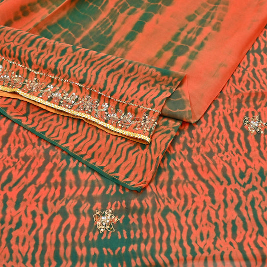 Indian Vintage Orange & Green Sarees Pure Georgette Silk Hand Embroidered Leheria Sari Craft Fabric 5Yd Sewing Soft Dress Making Sequins