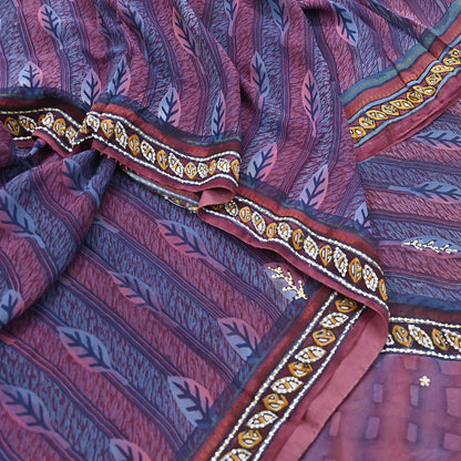 Indian Vintage Sari Hand Embroidered Printed 100% Pure Georgette Silk Saree Craft Fabric 5Yd Ethnic Soft Dress making For Crafting
