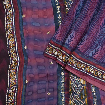 Indian Vintage Sari Hand Embroidered Printed 100% Pure Georgette Silk Saree Craft Fabric 5Yd Ethnic Soft Dress making For Crafting