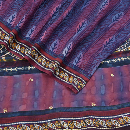 Indian Vintage Sari Hand Embroidered Printed 100% Pure Georgette Silk Saree Craft Fabric 5Yd Ethnic Soft Dress making For Crafting