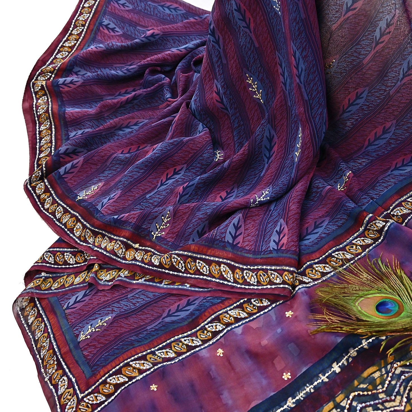 Indian Vintage Sari Hand Embroidered Printed 100% Pure Georgette Silk Saree Craft Fabric 5Yd Ethnic Soft Dress making For Crafting