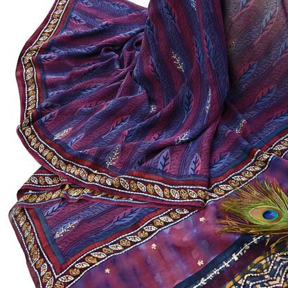 Indian Vintage Sari Hand Embroidered Printed 100% Pure Georgette Silk Saree Craft Fabric 5Yd Ethnic Soft Dress making For Crafting