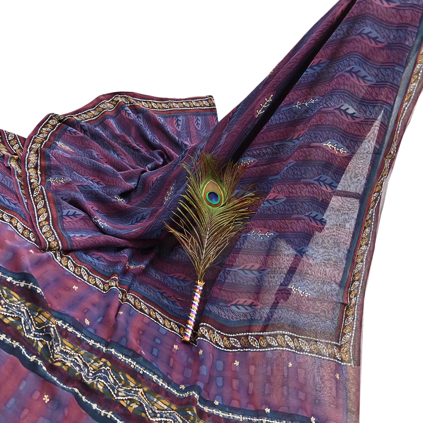 Indian Vintage Sari Hand Embroidered Printed 100% Pure Georgette Silk Saree Craft Fabric 5Yd Ethnic Soft Dress making For Crafting
