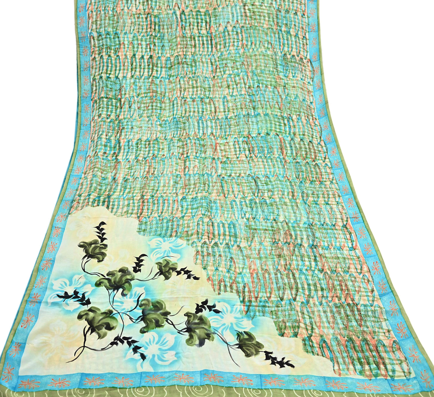 Indian Vintage Sari Green Pure Crepe Silk Block Printed Sarees 5yd Sewing Floral Craft Fabric Wrap Dress Making Crafting Quilting Upcycle