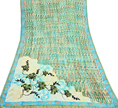 Indian Vintage Sari Green Pure Crepe Silk Block Printed Sarees 5yd Sewing Floral Craft Fabric Wrap Dress Making Crafting Quilting Upcycle