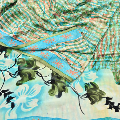 Indian Vintage Sari Green Pure Crepe Silk Block Printed Sarees 5yd Sewing Floral Craft Fabric Wrap Dress Making Crafting Quilting Upcycle