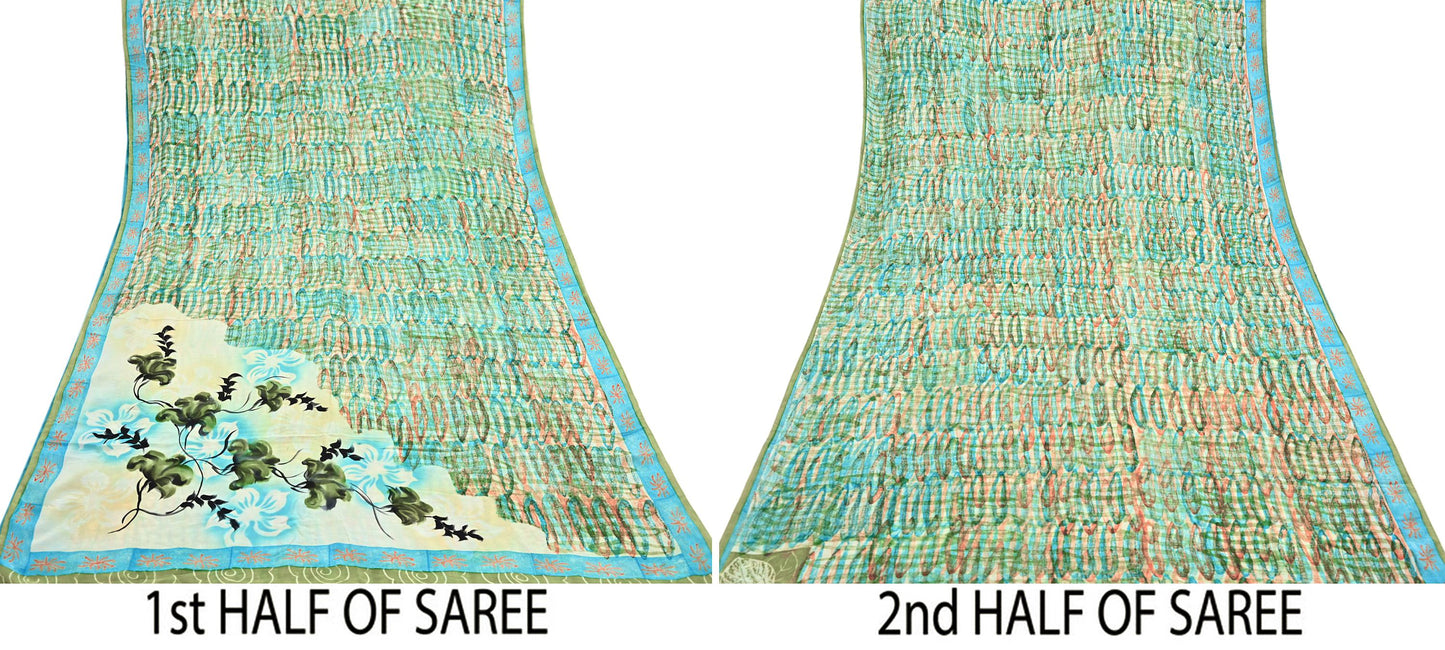 Indian Vintage Sari Green Pure Crepe Silk Block Printed Sarees 5yd Sewing Floral Craft Fabric Wrap Dress Making Crafting Quilting Upcycle