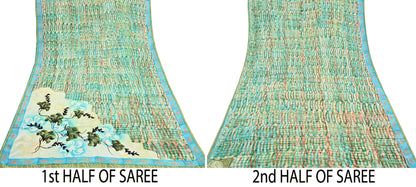 Indian Vintage Sari Green Pure Crepe Silk Block Printed Sarees 5yd Sewing Floral Craft Fabric Wrap Dress Making Crafting Quilting Upcycle