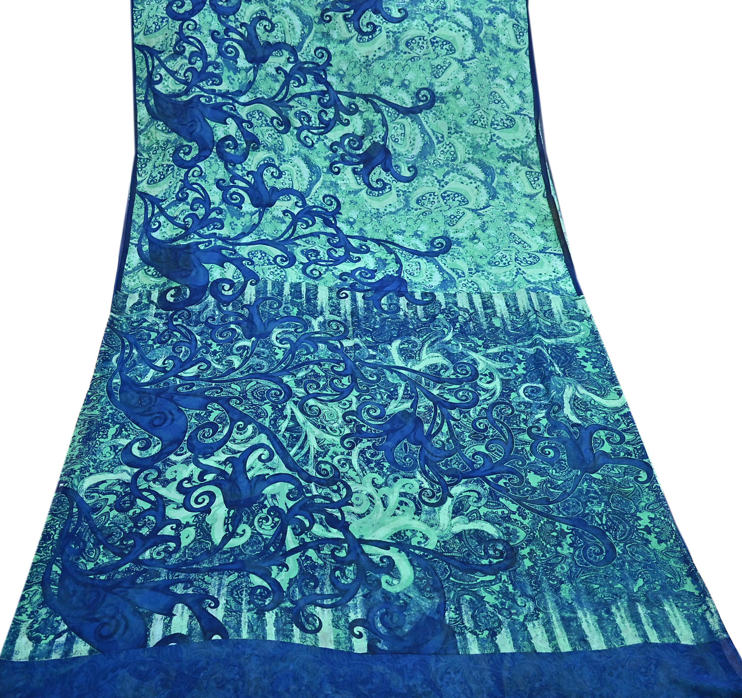 Indian Vintage Sari Blue & Green 100% Pure Georgette Silk Printed Sarees Sewing 5yd Craft Soft Dress Designing for Crafting Abstract