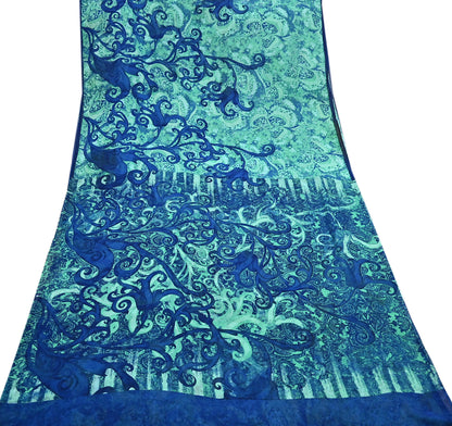 Indian Vintage Sari Blue & Green 100% Pure Georgette Silk Printed Sarees Sewing 5yd Craft Soft Dress Designing for Crafting Abstract