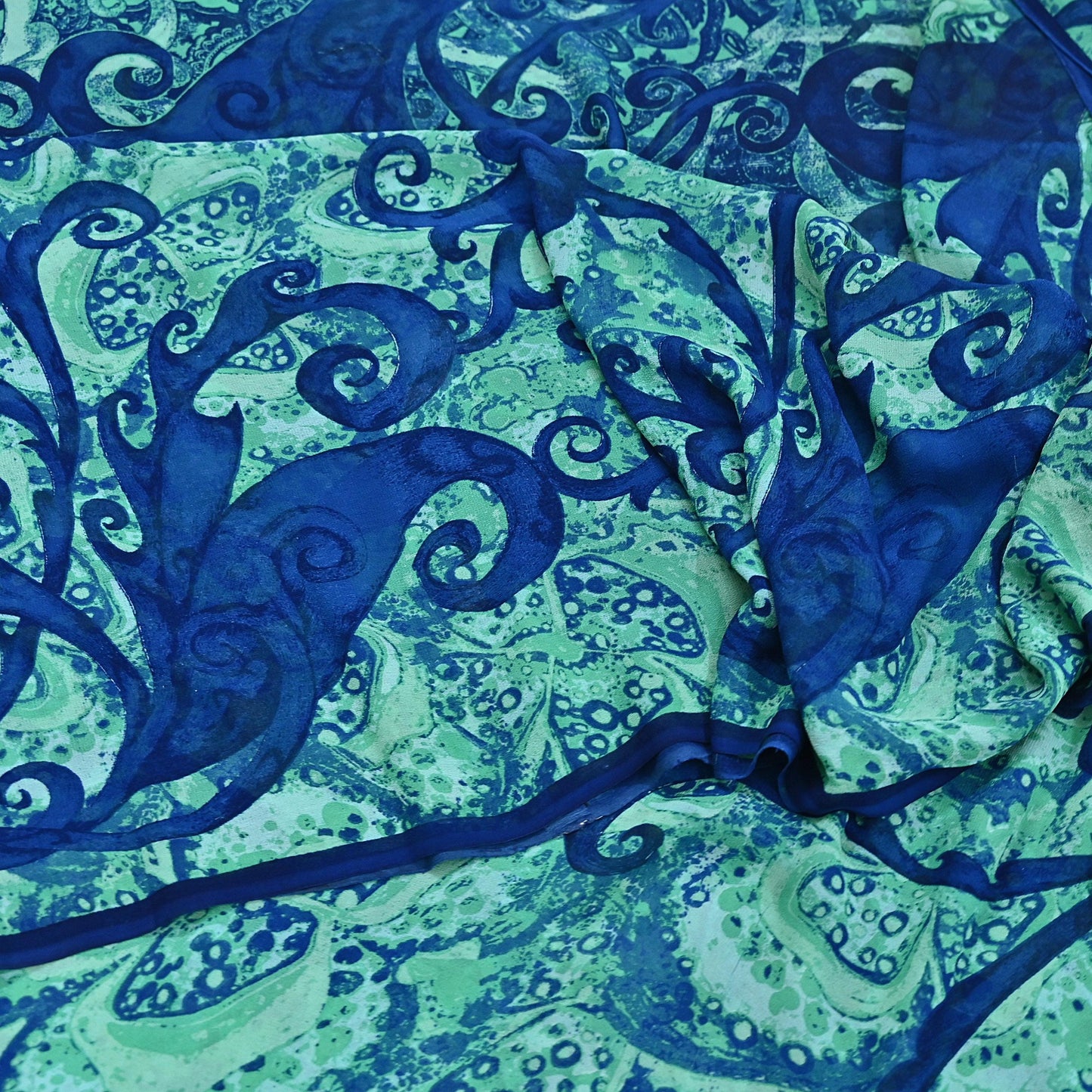 Indian Vintage Sari Blue & Green 100% Pure Georgette Silk Printed Sarees Sewing 5yd Craft Soft Dress Designing for Crafting Abstract