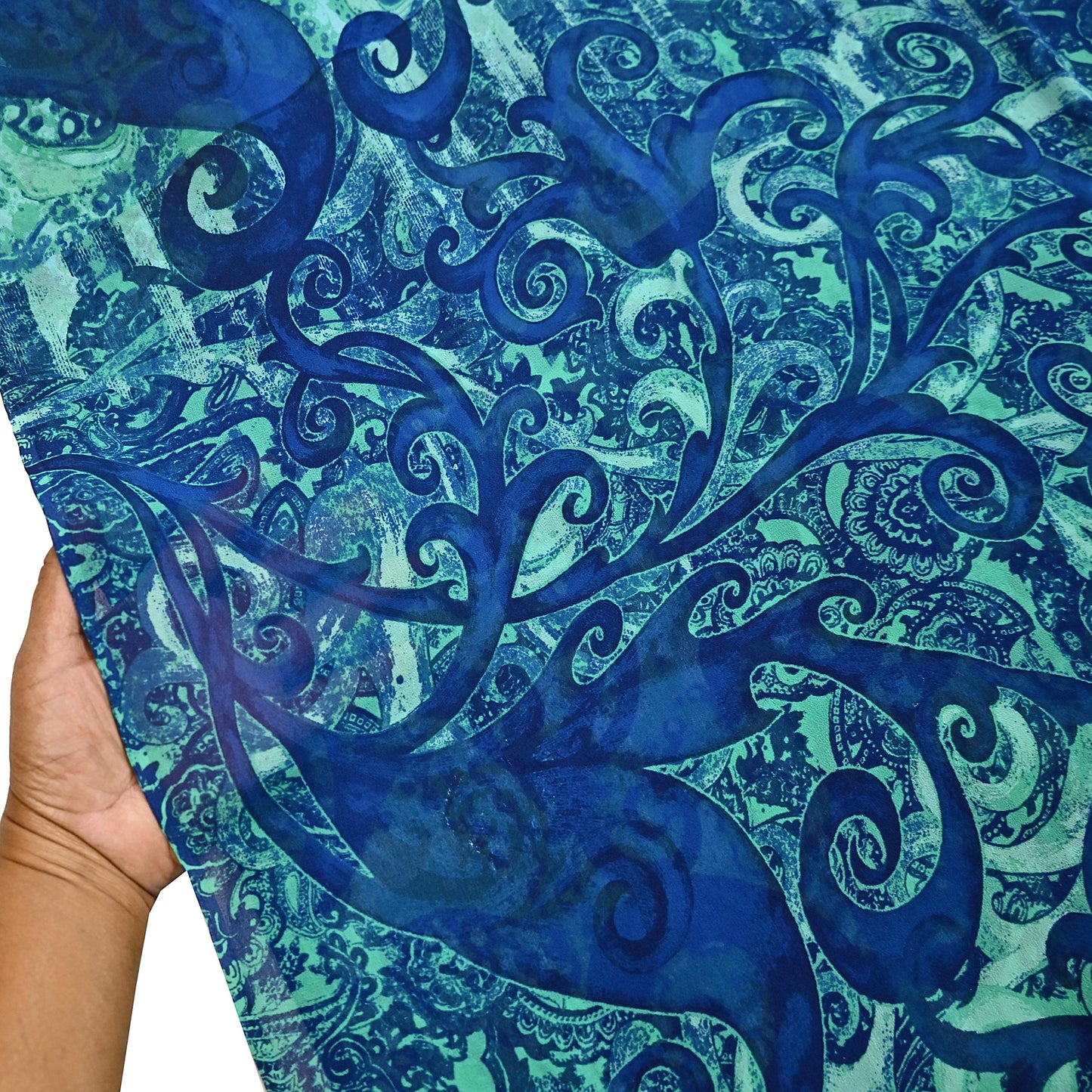 Indian Vintage Sari Blue & Green 100% Pure Georgette Silk Printed Sarees Sewing 5yd Craft Soft Dress Designing for Crafting Abstract