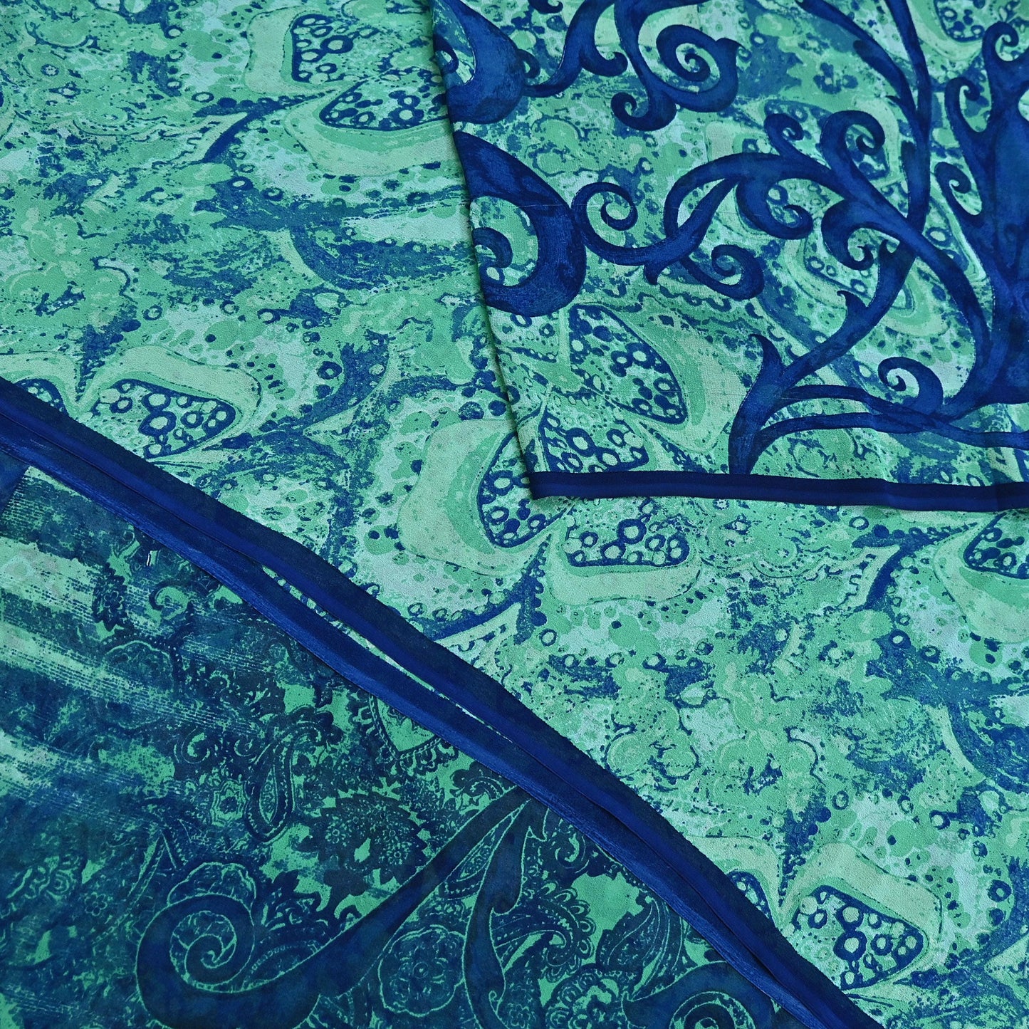 Indian Vintage Sari Blue & Green 100% Pure Georgette Silk Printed Sarees Sewing 5yd Craft Soft Dress Designing for Crafting Abstract