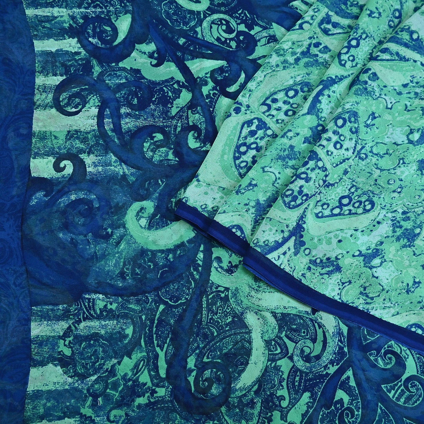 Indian Vintage Sari Blue & Green 100% Pure Georgette Silk Printed Sarees Sewing 5yd Craft Soft Dress Designing for Crafting Abstract