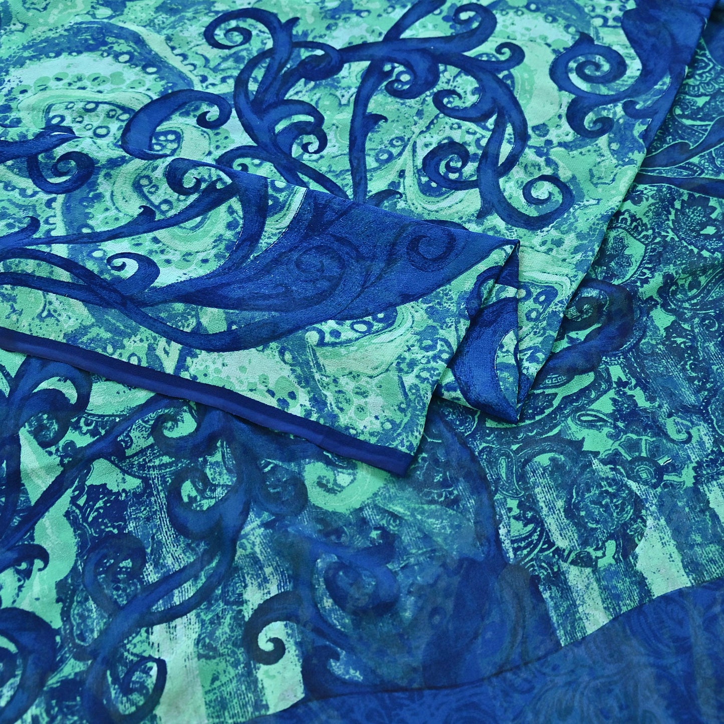 Indian Vintage Sari Blue & Green 100% Pure Georgette Silk Printed Sarees Sewing 5yd Craft Soft Dress Designing for Crafting Abstract