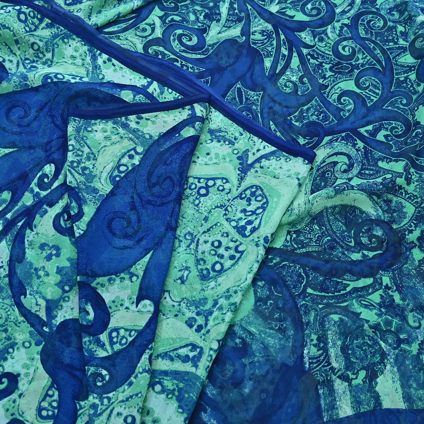 Indian Vintage Sari Blue & Green 100% Pure Georgette Silk Printed Sarees Sewing 5yd Craft Soft Dress Designing for Crafting Abstract