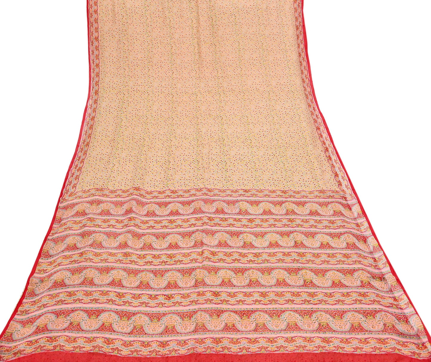 Indian Vintage Sari Peach & red Pure Chiffon Silk Printed Sarees Craft Fabric Sewing 5Yd Soft Light Sari Dress Making Quilting Upcycle