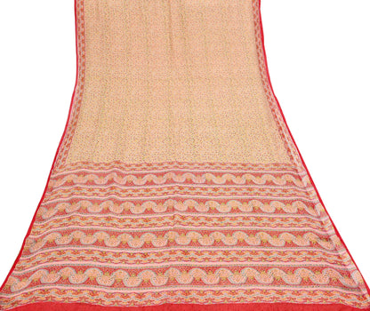 Indian Vintage Sari Peach & red Pure Chiffon Silk Printed Sarees Craft Fabric Sewing 5Yd Soft Light Sari Dress Making Quilting Upcycle