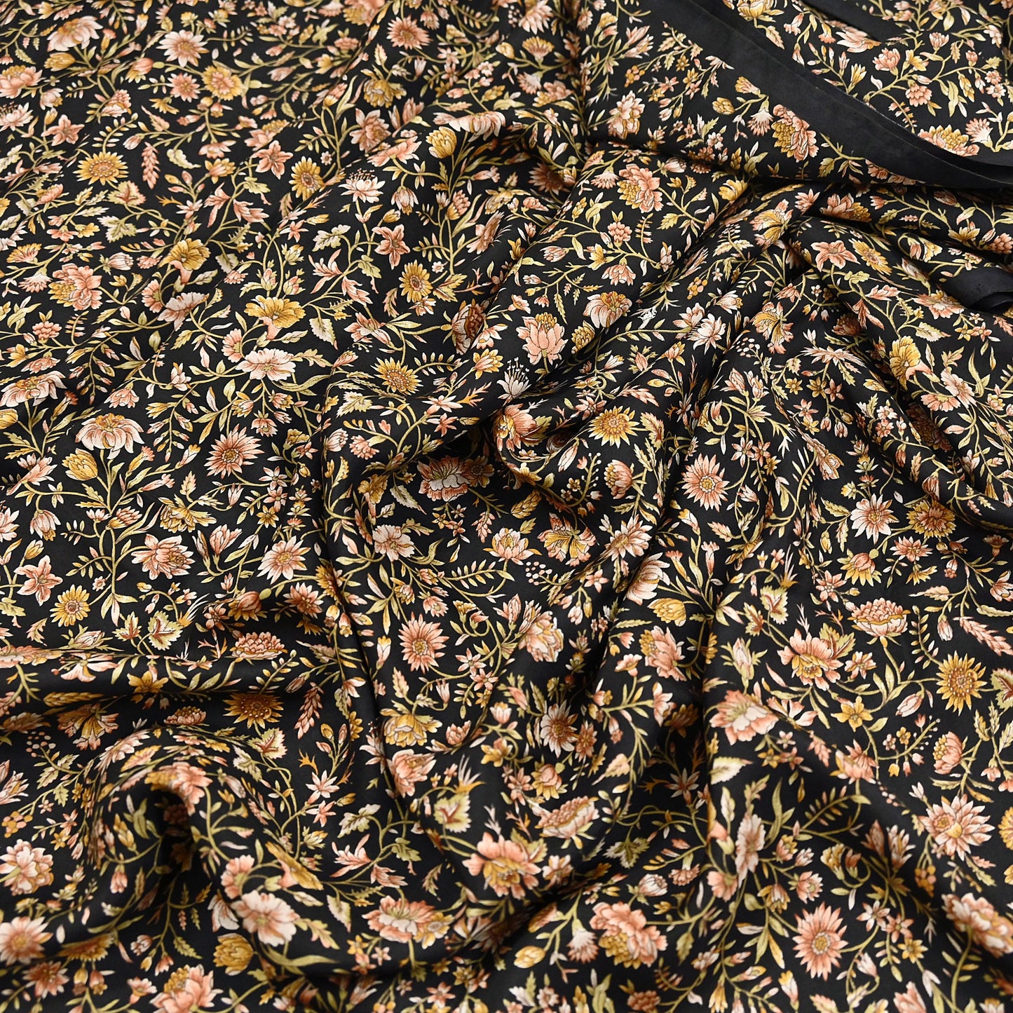 Vintage Sari Black Pure Silk Printed Saree Craft Fabric 6yard Sewing Floral Soft Dress Designing for Crafting Upcycle Quilting