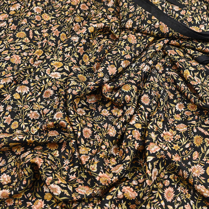 Vintage Sari Black Pure Silk Printed Saree Craft Fabric 6yard Sewing Floral Soft Dress Designing for Crafting Upcycle Quilting