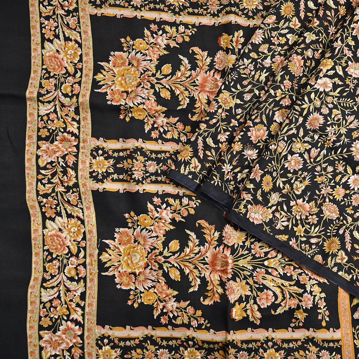 Vintage Sari Black Pure Silk Printed Saree Craft Fabric 6yard Sewing Floral Soft Dress Designing for Crafting Upcycle Quilting